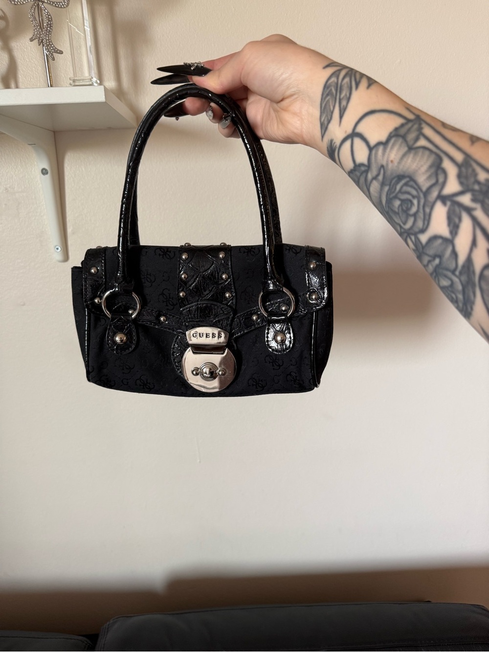 GUESS Black Mini Satchel with Silver Hardware